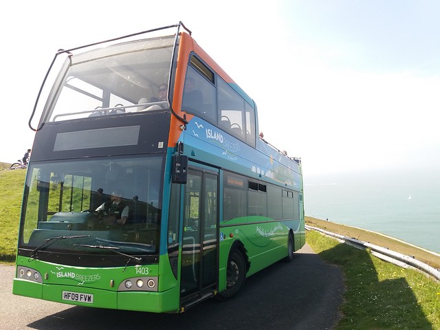Approaching the Needles New Battery turning circle is Southern Vectis 1403 (HF09 FVW). She's a part open top Scania N230UD Optare Visionaire new to Morebus in Purbeck Breezer livery....