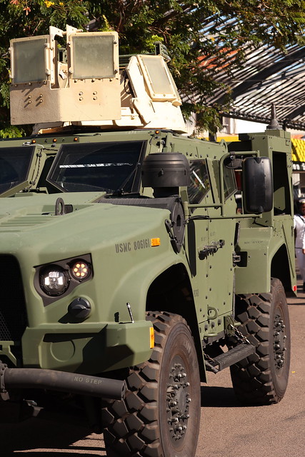 United States Marines (USMC) Marine Rotational Force-Darwin (MRF-D) Oshkosh M-ATV Mine-Resistant Ambush Protected (MRAP) vehicle in the Anzac Day commemorative march, 25 April 2023, Darwin city, Northern Territory, Australia.
