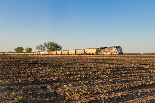 Spirt of the UP  for Minnesota by Thomas F Simmons, UP 1943 leads an eastbound grain train for Minnesota into Lawrence, KS around sunset on UP's Kansas 