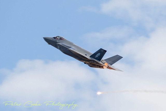 RAAF Lockheed Martin F-35A Lightning deploying countermeasure flares  at Avalon Air Show.