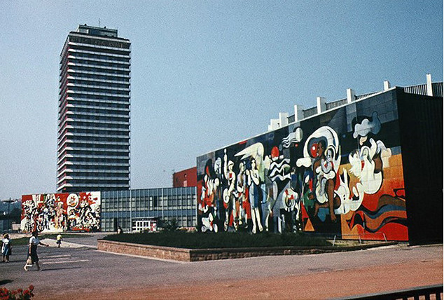 Suhl, Stadthalle der Freundschaft with enamelled metal murals by Willi Sitte (left) and Willi Neubert (right)