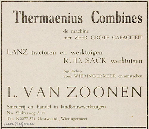 Thermaenius Combines, in 1947 zijn er door de Directie Wieringermeer 2stuk  6 voets machines aangeschaft. Rud Sack Ploegen. Lanz tractoren, trekkers.  L. van Zoonen Nw Sluizerweg A17 Oostwaard, Wieringermeer.