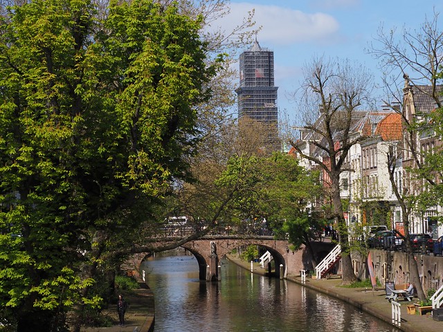 Oudegracht Utrecht with view of Domtoren in scaffolding until 2024