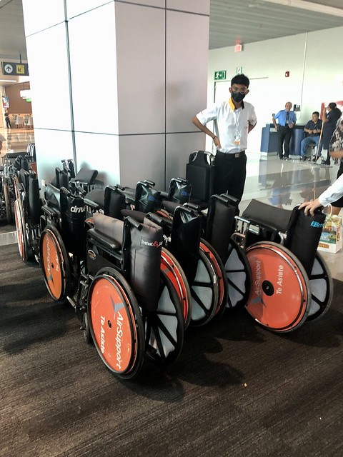Wheelchairs for Washington Dulles passengers, Volaris flight, El Salvador International Airport