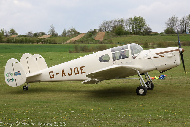 G-AJOE - 1947 build Miles M38 Messenger 2A, arriving at Popham during the 2023 Microlight Trade Show