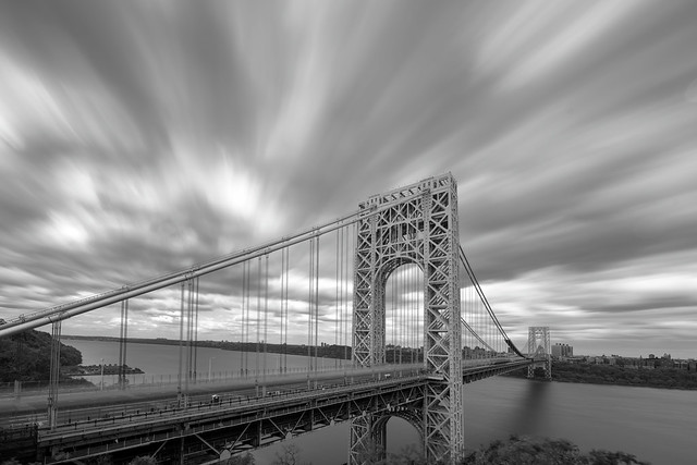 Long exposure of clouds over the George Washington Bridge from the Fort Lee Historic Fort in Fort Lee, New Jersey.