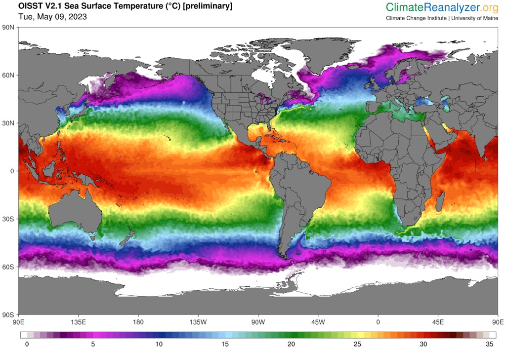 全球海溫圖。圖片來源：Birkel, S.D. 'Daily Sea Surface Temperature', Climate Reanalyzer (https://ClimateReanalyzer.org), Climate Change Institute, University of Maine, USA.