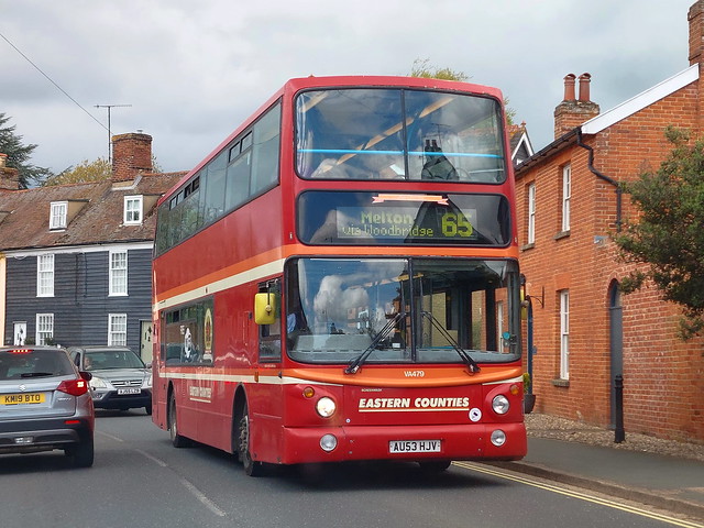 First Eastern Counties Volvo B7TL Alexander AU53 HJV,  makes its way down Station Road, Woodbridge on the 11.35 No.65 service from Ipswich to Melton. 05 05 2023