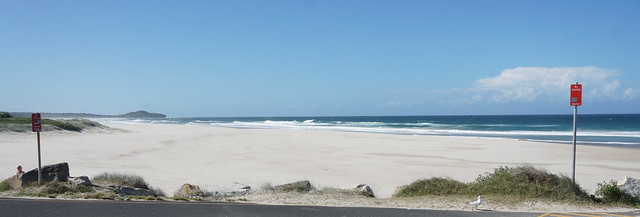 View up the beach from road