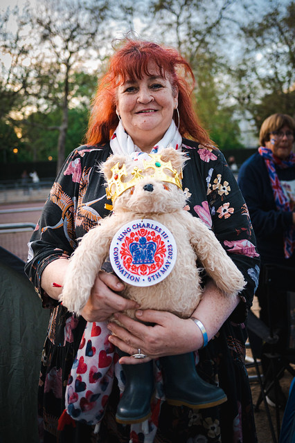 Woman with Coronation Teddy Bear, London, UK