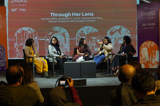 Bangladeshi women filmmakers: Rawyan Shayema, Tasmiah Afrin Mou, moderator Rubaiyat Hossain, Humaira Bilkis, and Elizabeth D. Costa