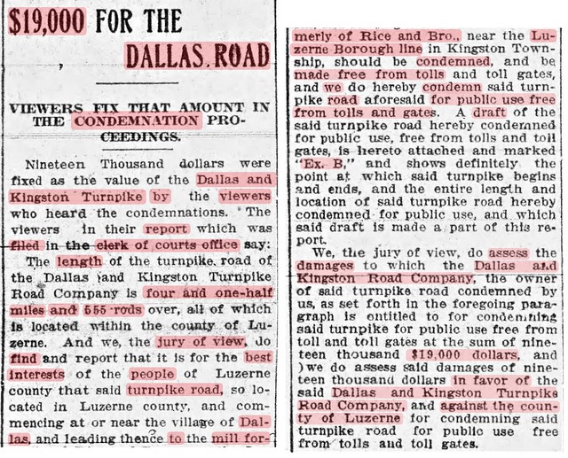 19080228 Wilkes-Barre Times Leader, Fri · Page 9 Col 2 - $19,000 condemnation value of Dallas Turnpike in Viewers report