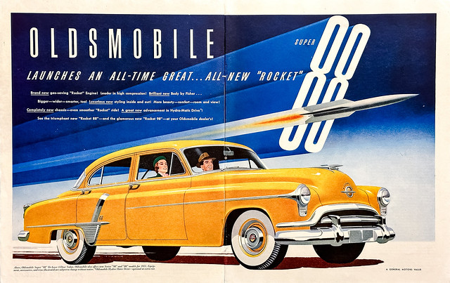Two-page ad for the 1951 Oldsmobile “Rocket” 88 in “The Saturday Evening Post,” April 7, 1951.