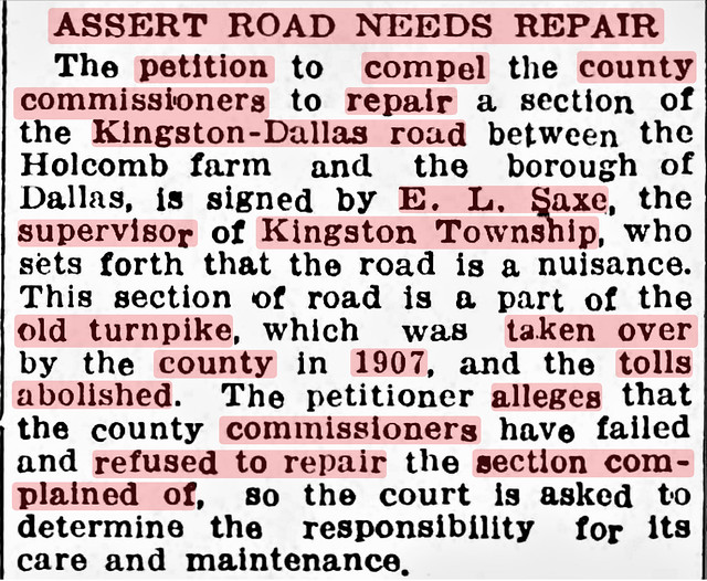 19151026 The Wilkes-Barre Record, Tue · Page 15 Col 1 - Dallas Turnpike toll removed in 1907