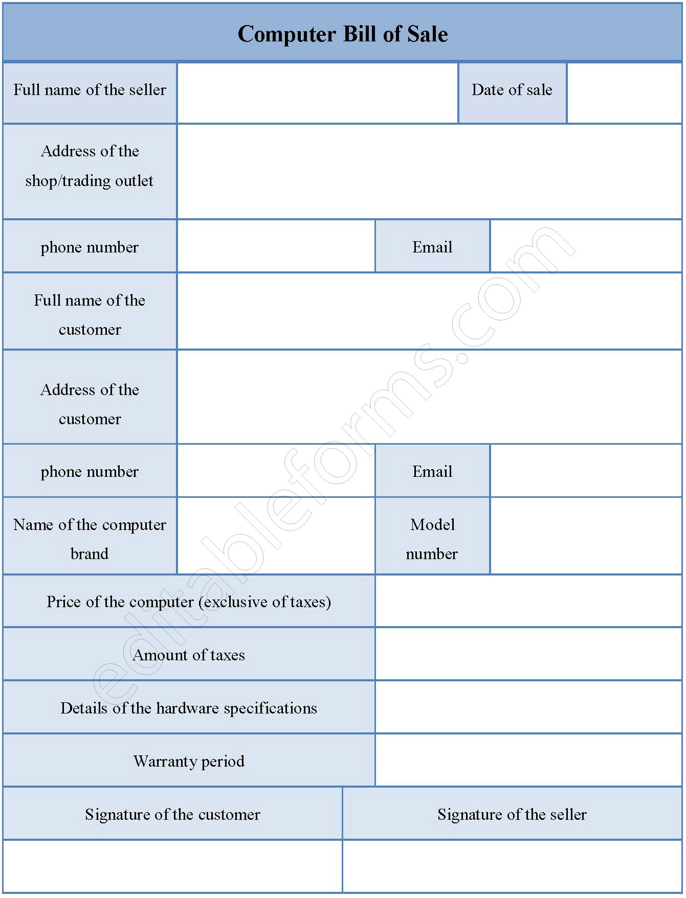 Computer Bill of Sale Form