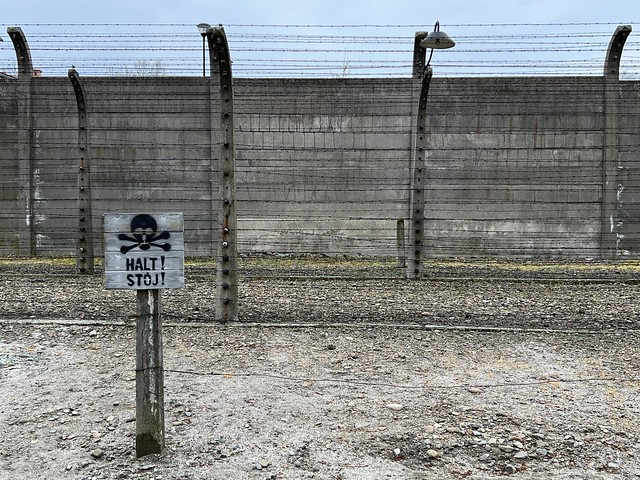 A 'Halt!' sign with skull and crossbones stand in front of barbed wire fences and a high concrete wall. 