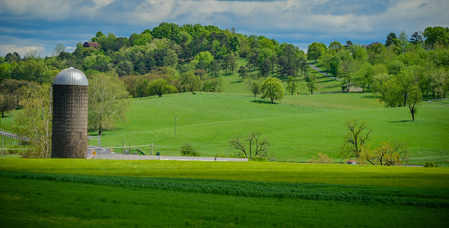 Rolling hills in spring with farmland near Roanoke VA