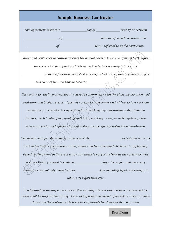 Sample Business Contractor Form
