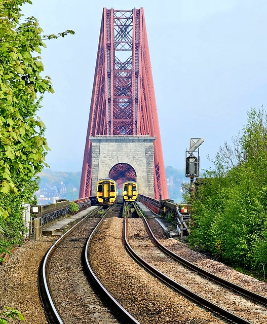 A pair of Scotrail 158s on the Forth rail bridge at Dalmeny
