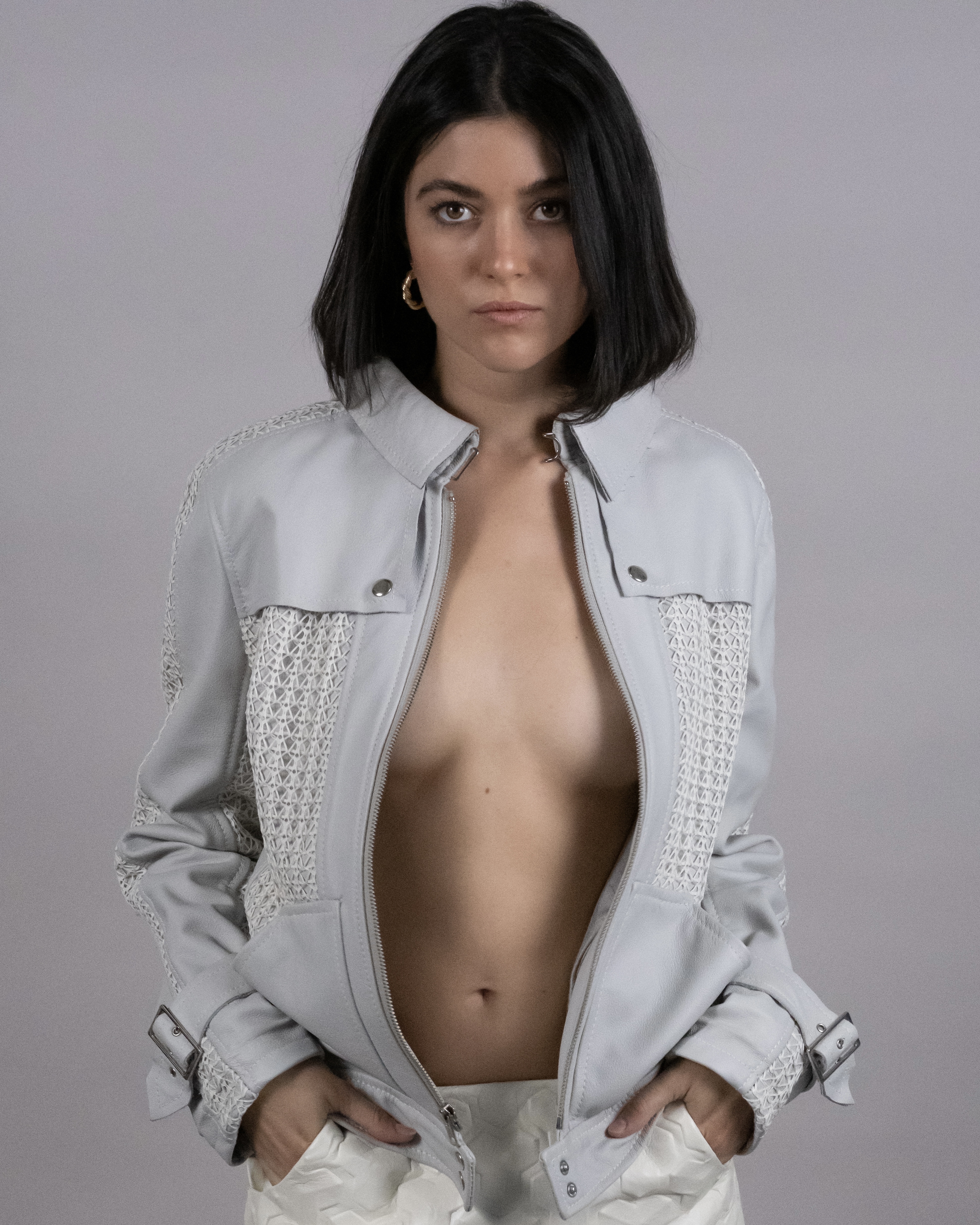 Leather and mesh jacket modeled by Lauren Corcoran