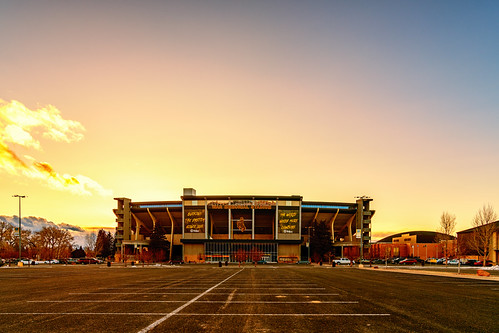 War Memorial Stadium - Orange Sunset - Laramie - Wyoming by Tony Webster, War Memorial Stadium at the University of Wyoming campus in Laramie, Wyoming, during a winter sunset