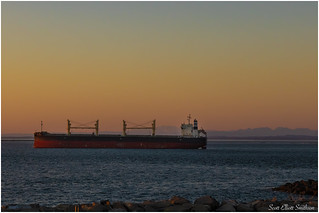 Westport - Grays Harbor Sunset - Cargo Ship and Olympics