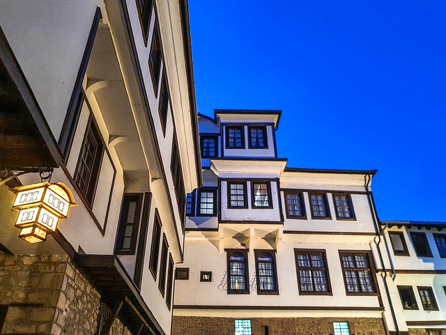 ABM (Another Blue Monday) / Evening in Ohrid with traditional old houses in Ottoman style, North Macedonia