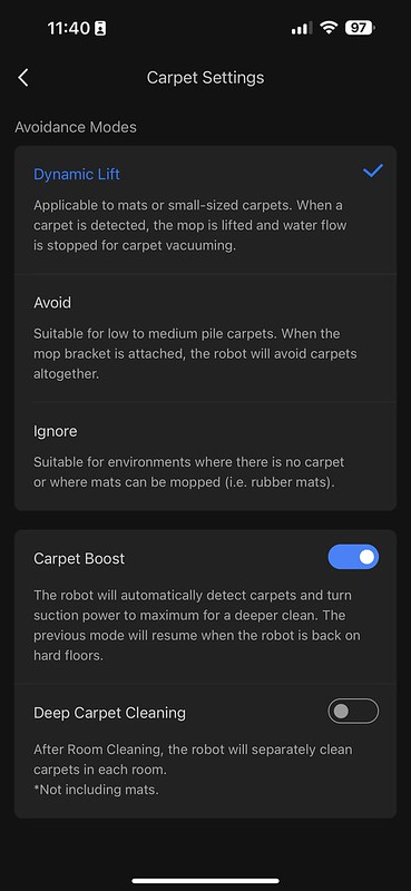 Roborock iOS App - Carpet Settings