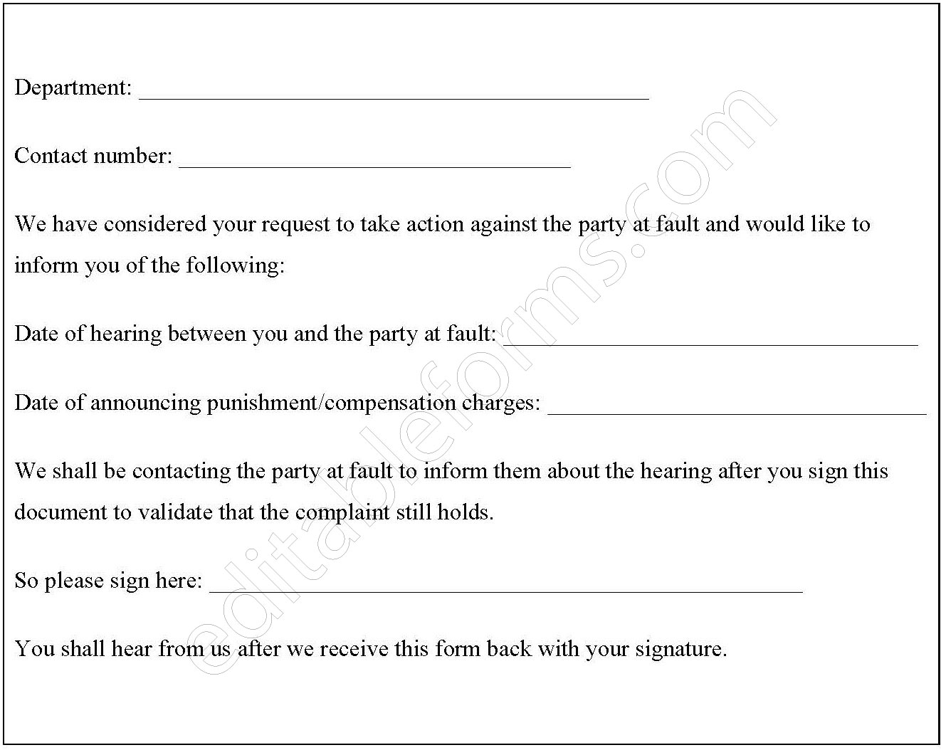 Responding to Complaint Form