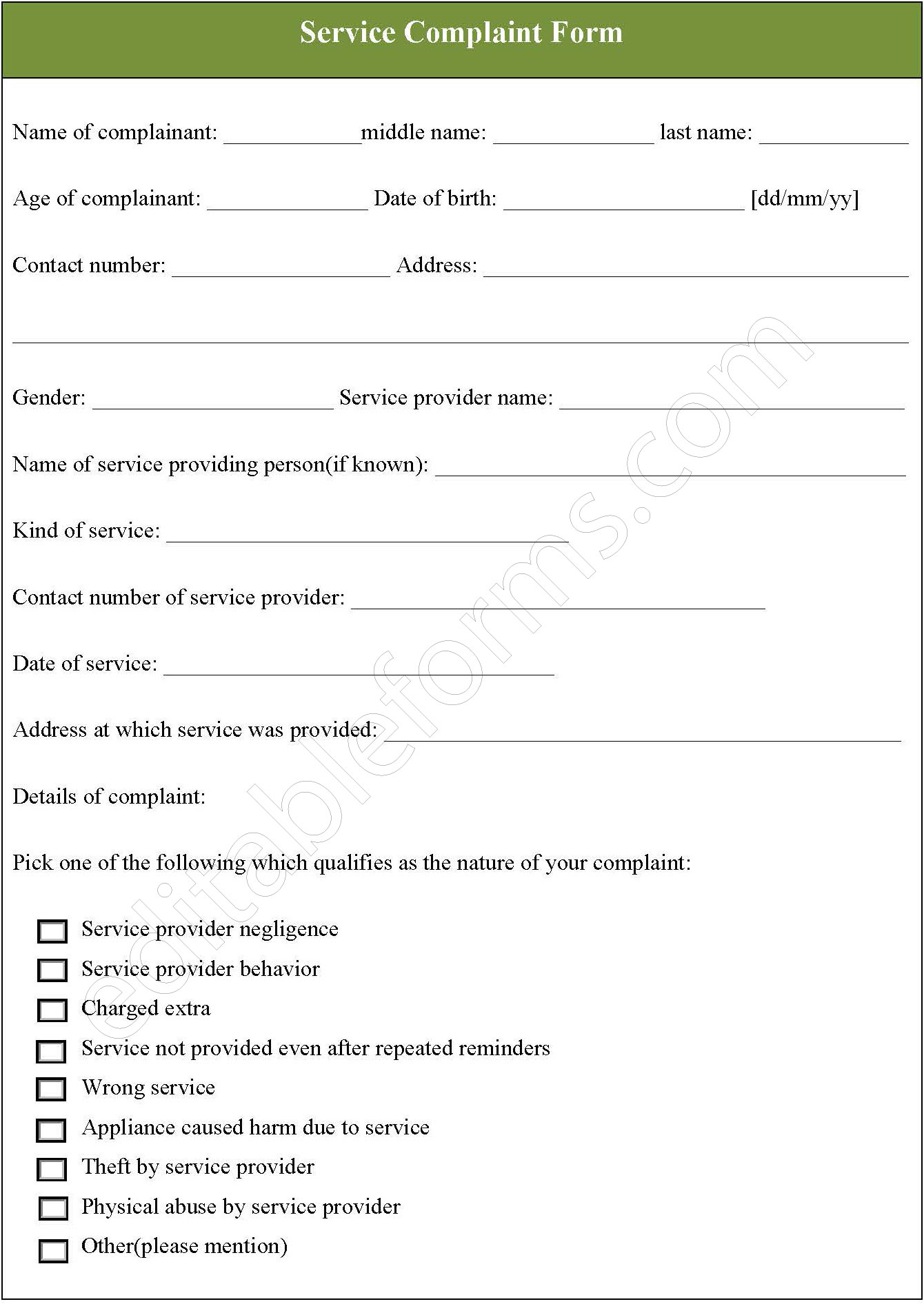 Service Complaint Form