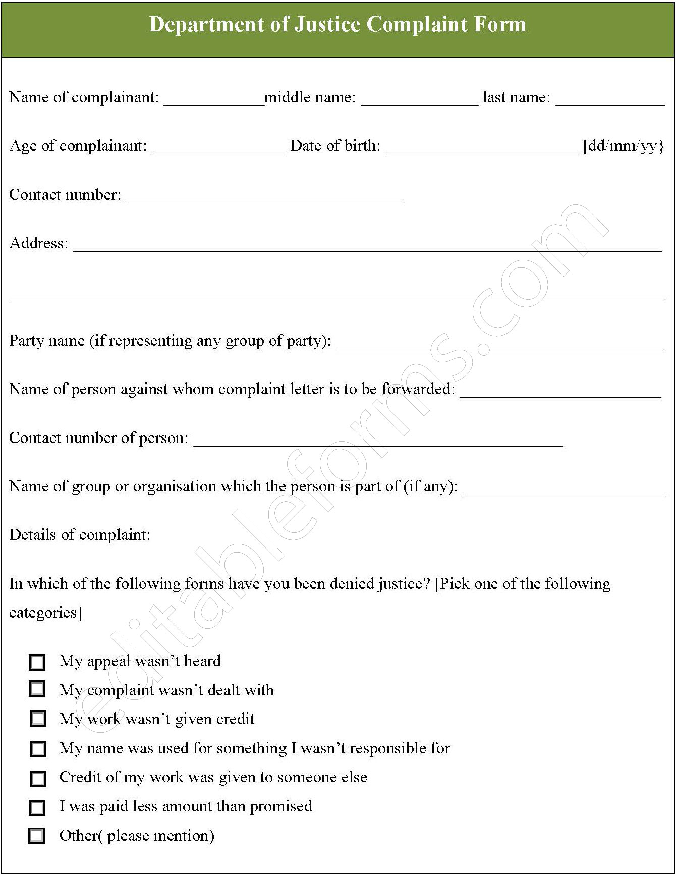 Department of Justice Complaint Form