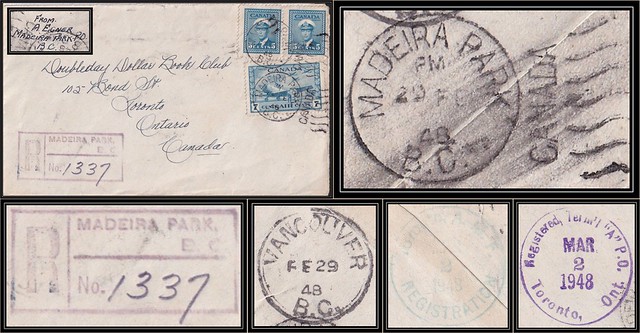 British Columbia / B.C. Postal History / Registered Airmail Cover - 29 February / 2 March 1948 - MADEIRA PARK, B.C. (duplex cancel / postmark) to Toronto, Ontario, Canada via Vancouver & Toronto A.M.F. (first opening)