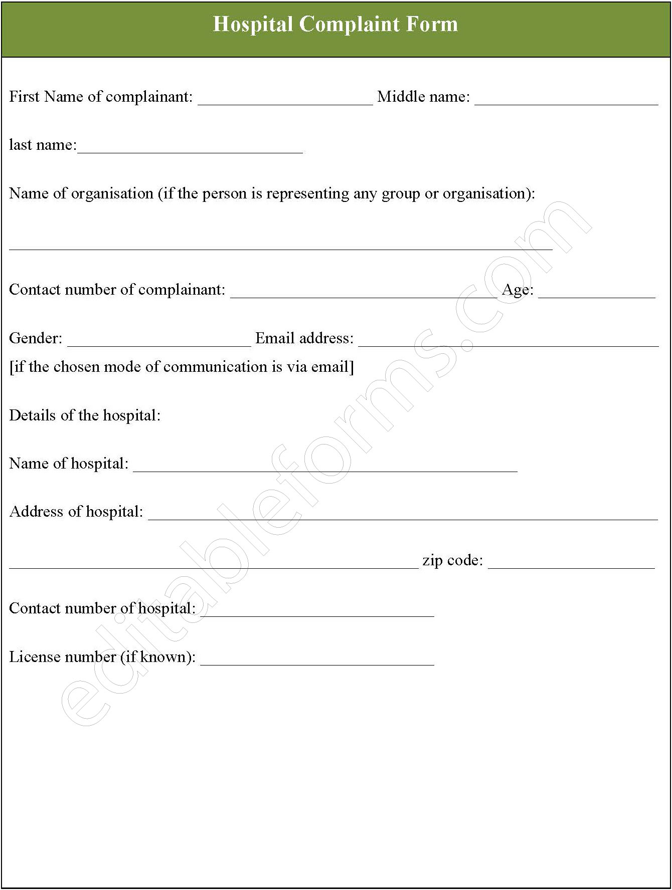 Hospital Complaint Form