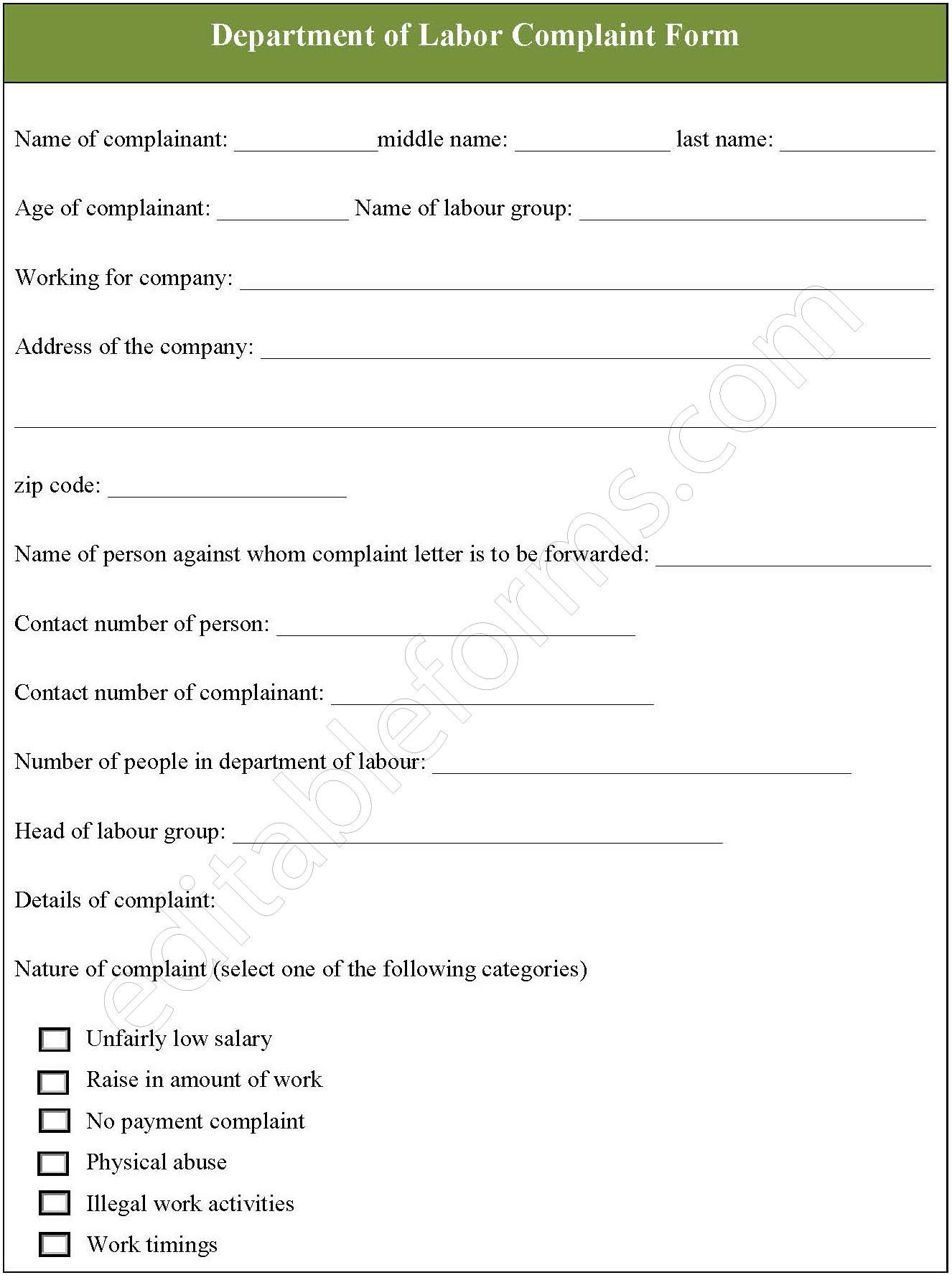 Department of Labor Complaint Form