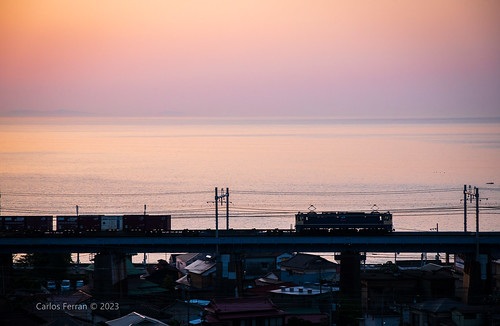 sunrise jr japan railway jrf freight ef65 locomotive rural bridge water sagami bay pacific ocean east rising sun boxcab intermodal hue