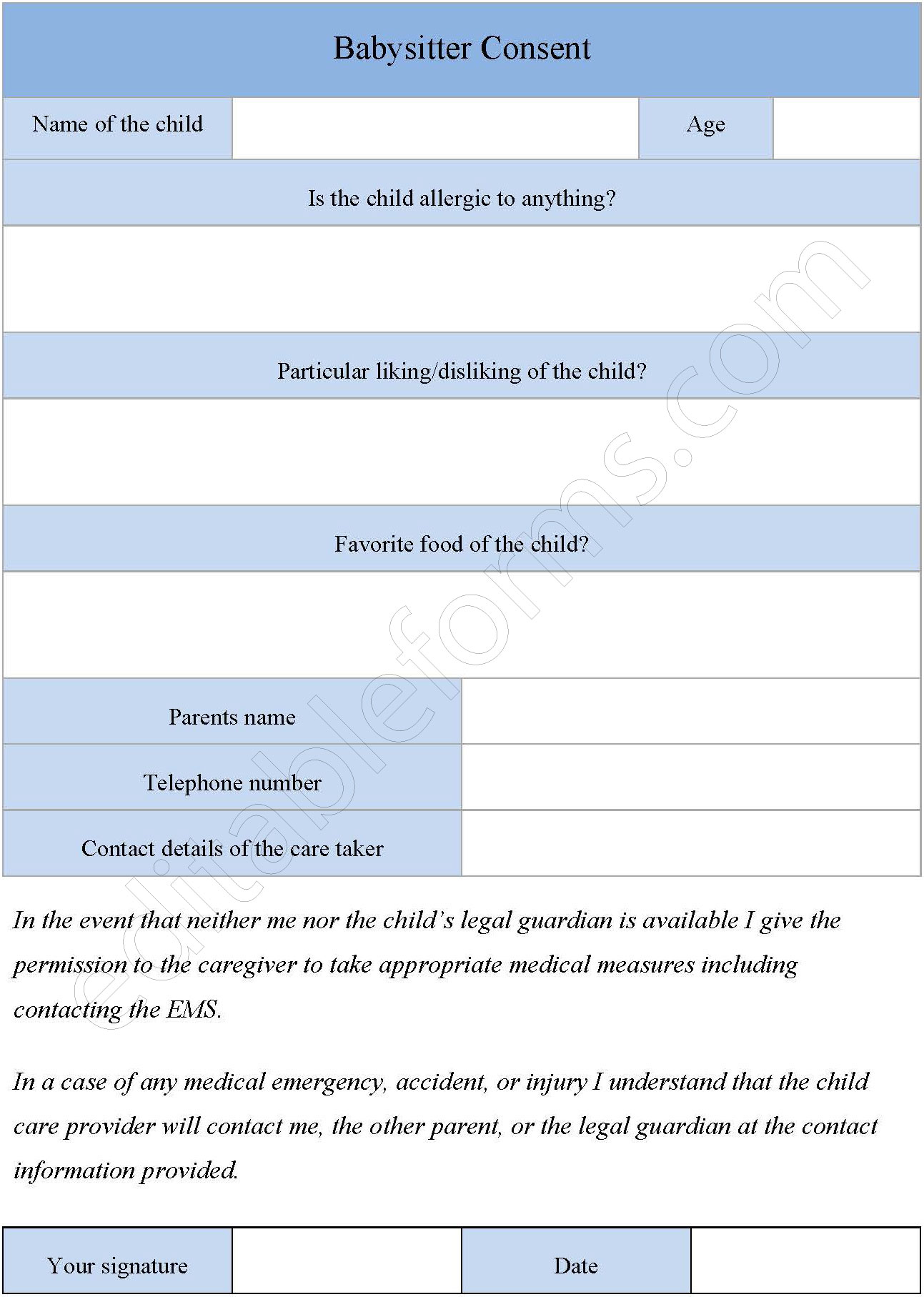 Babysitter consent forms