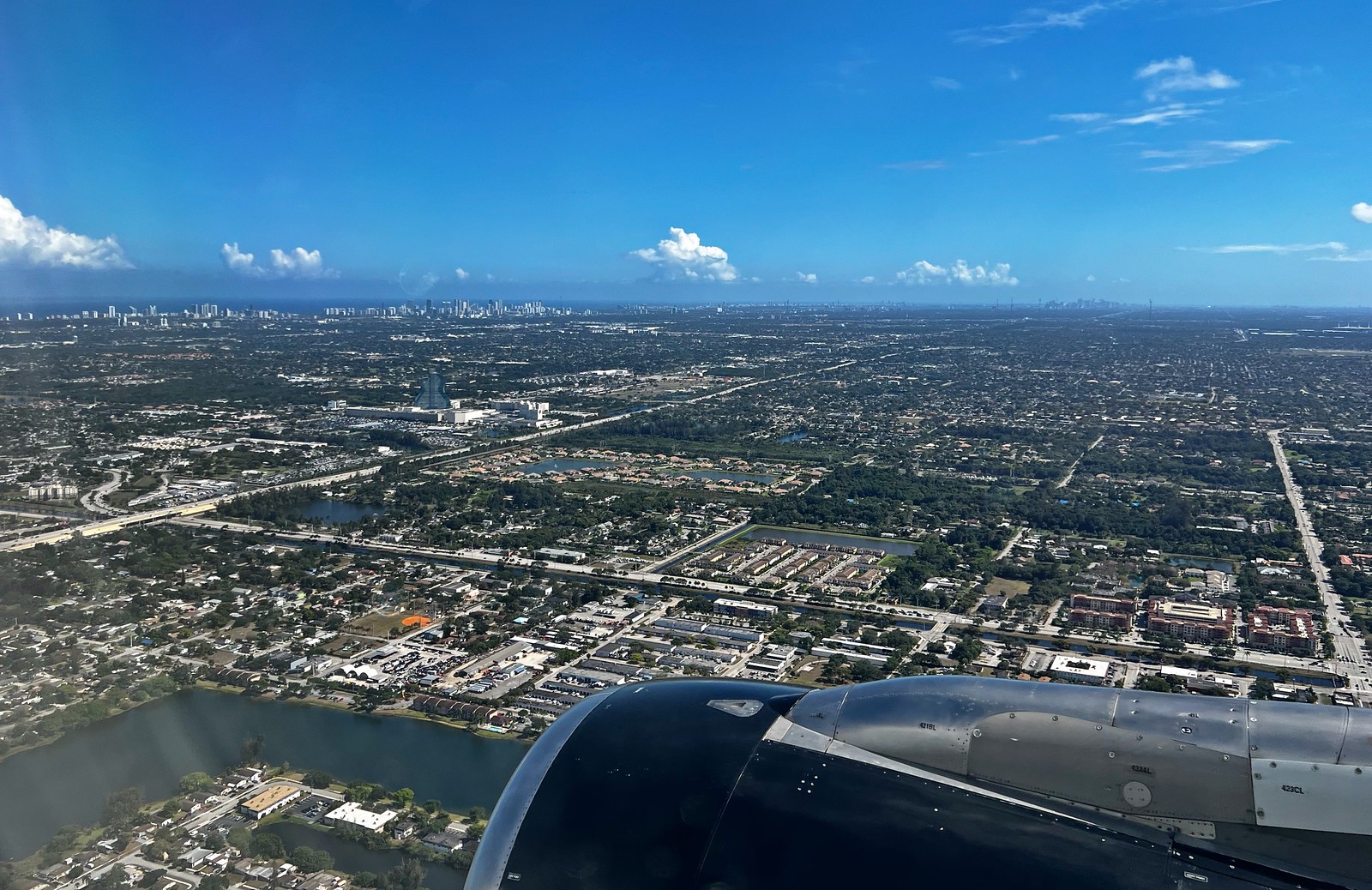 Miami skyline in the distance while on final approach