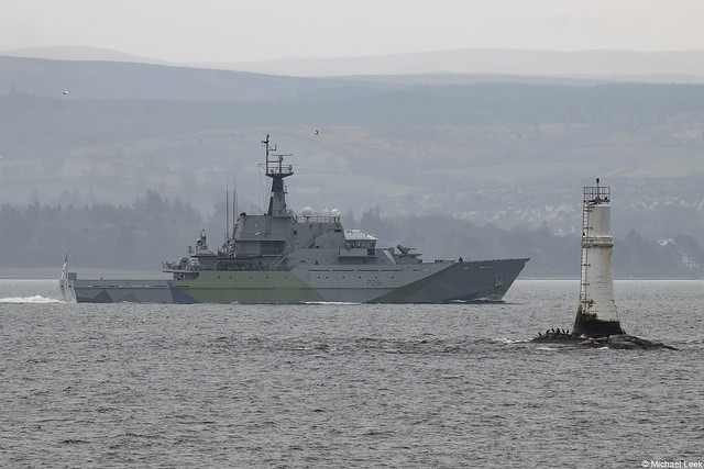 Royal Navy River-class offshore patrol boat HMS Tyne, P281; the Gantocks, Firth of Clyde, Scotland.