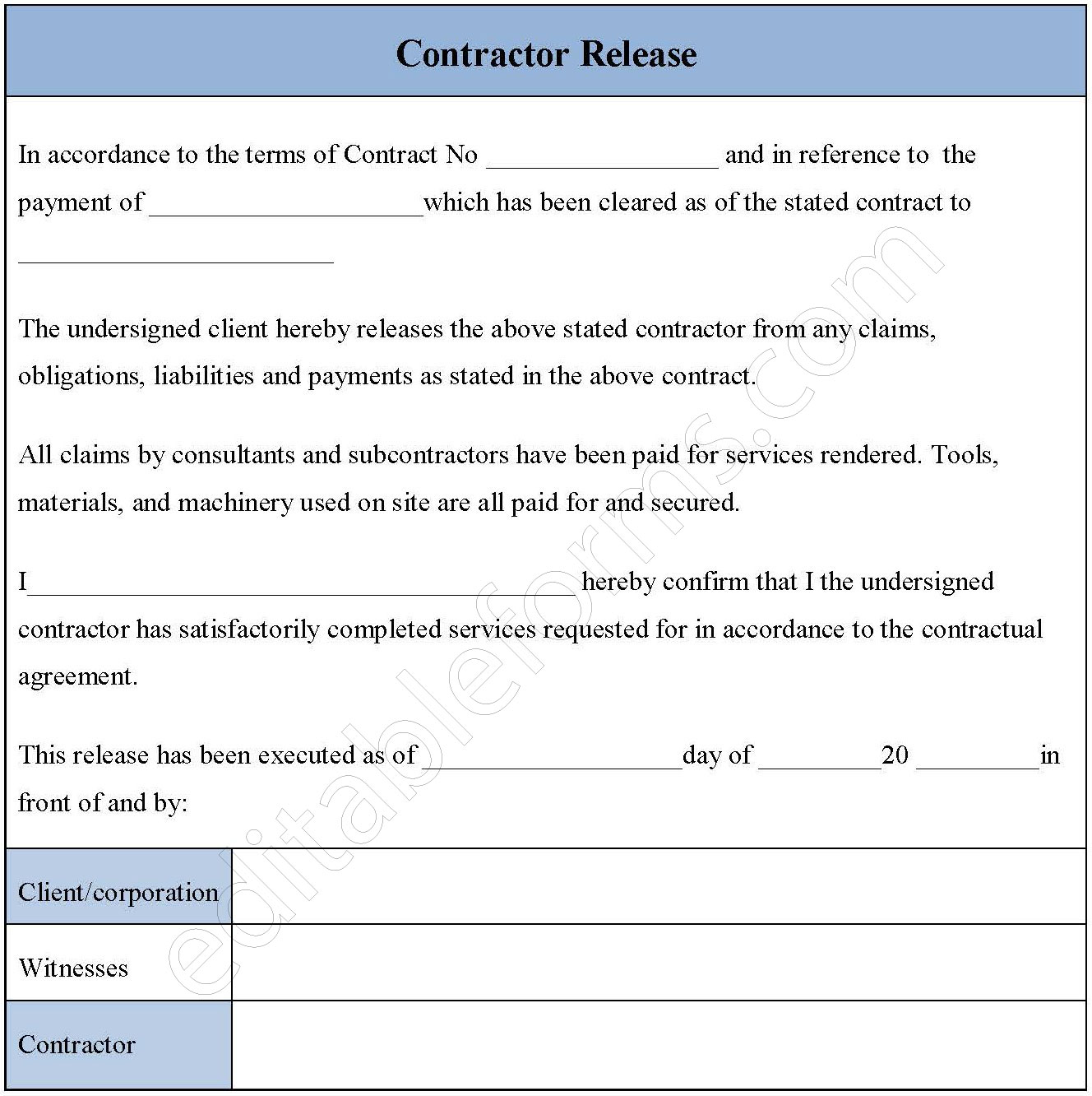 Contractor Release Form
