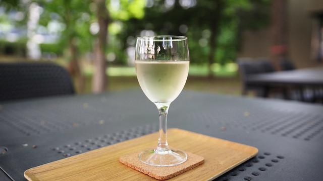 Drinking wine on the open terrace at Hokkaido University.