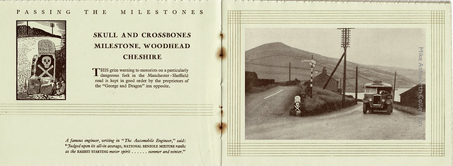 Passing the Milestones : Famous Milestones ; second series : booklet published by National Benzole Co. Ltd., : London : c.1932 : Skull & Crossbones milestone, Cheshire