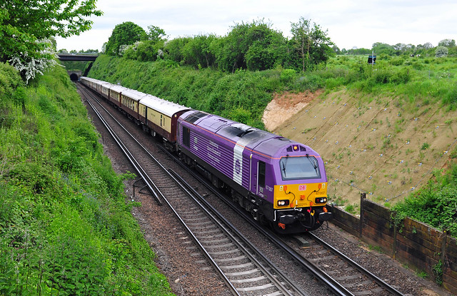 67007 heads back to London with the 1Z84 15.55 Folkestone West to London Victoria seen close to Swanley with 66005 on the back 21-5-23. Copyright Ian Cuthbertson