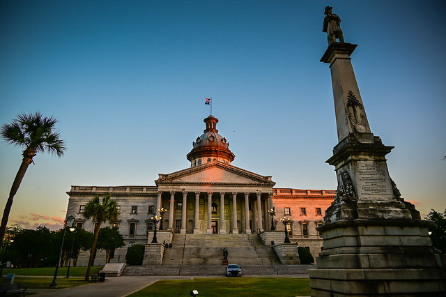 South Carolina State House and South Carolina Monument to the Confederate Dead at dusk - Columbia SC