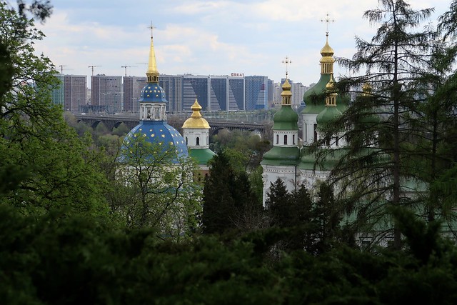 St. George the Victorious Cathedral and the Belltower of the Vydubychi Monastery. A view from M.Gryshko Botanical garden.Kyiv.