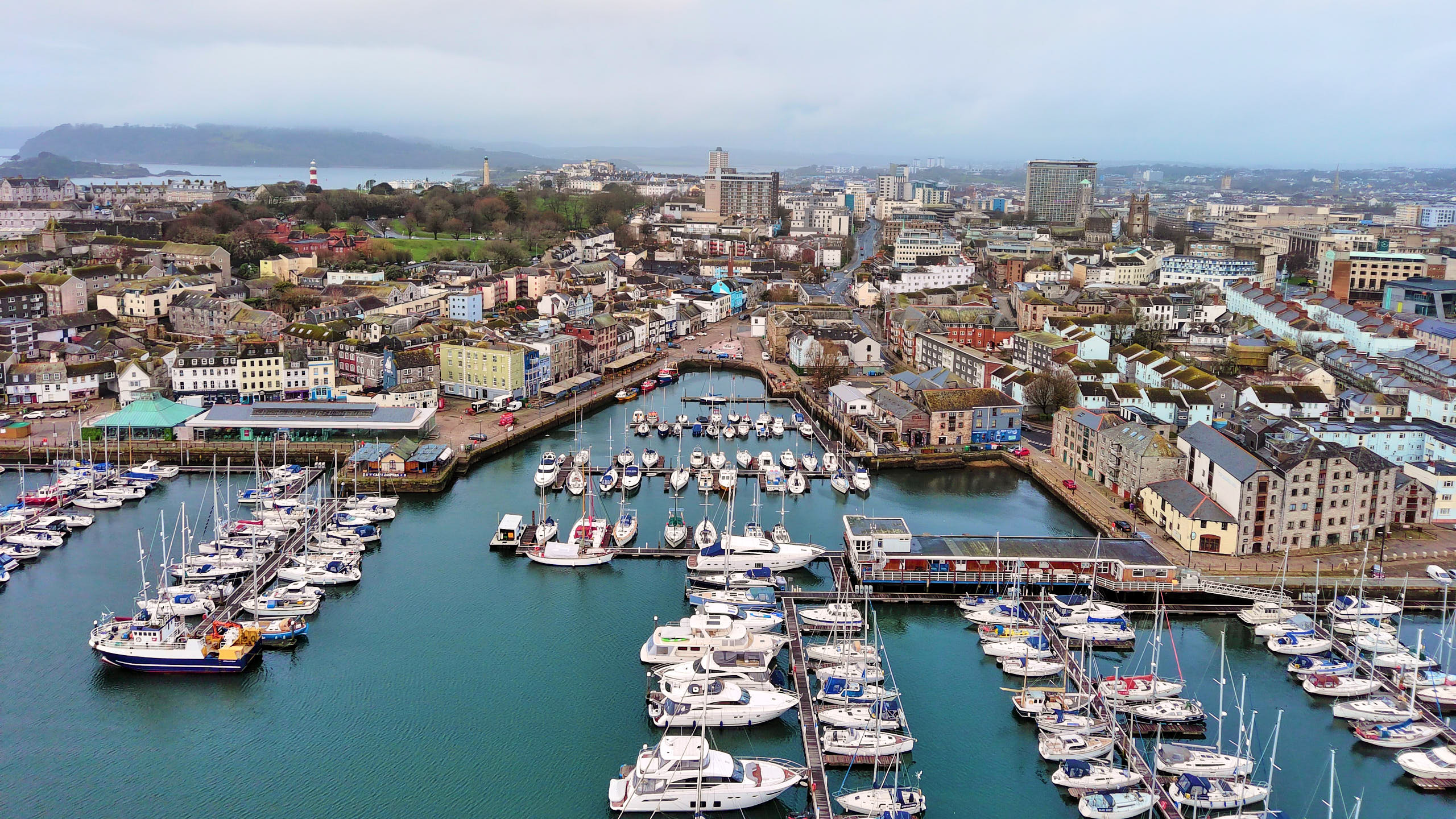 View over Plymouth marina with Smeaton's tower visible in the background