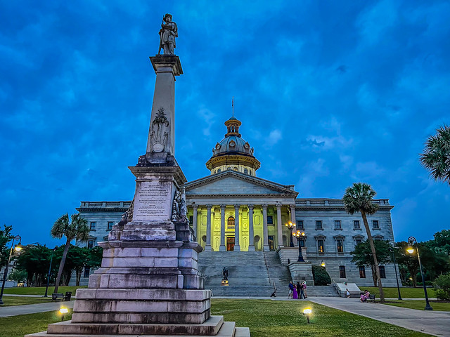 South Carolina State House and South Carolina Monument to the Confederate Dead at night - Columbia SC