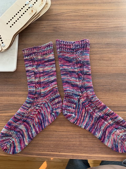 Nicole (Julie’s mom) finished this pair of Zigzagular Socks by Susie White of Prairie Girl Designs using Malabrigo Sock in Aniversario.