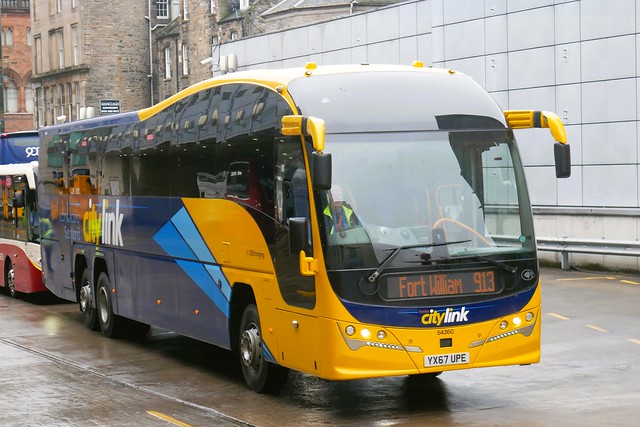 Stagecoach East Scotland Volvo B11RT Plaxton Elite YX67UPE 54360, in generic Citylink livery, operating Citylink service 913 to Fort William departing Edinburgh Bus Station on 22 May 2023.