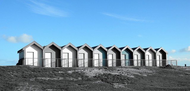 Blyth Beach Huts - Blue In Black and White
