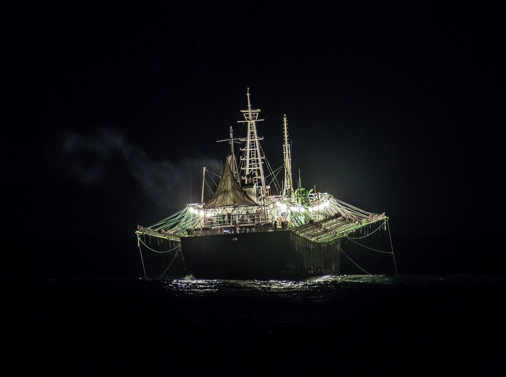 西南大西洋上的工業化魷釣船。 為了吸引魷魚，這類船隻在夜間點起明亮的燈光，引得它們在水中上下翻騰。 圖片來源： ©Martin Katz / 綠色和平組織